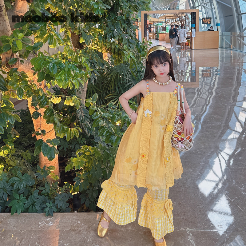 墨宝童装_柠檬黄印花纯手工钉珠吊带裙儿童夏装夏季裙子大童女童
