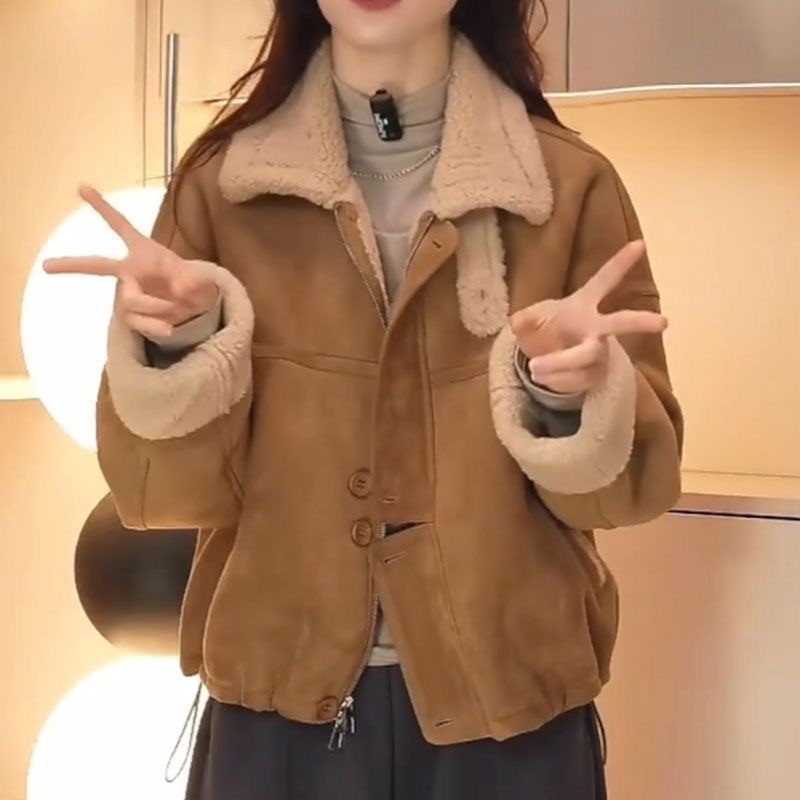 短款冬季小个子宽松绒毛一体短外套百搭加绒秋冬复古女加厚韩版