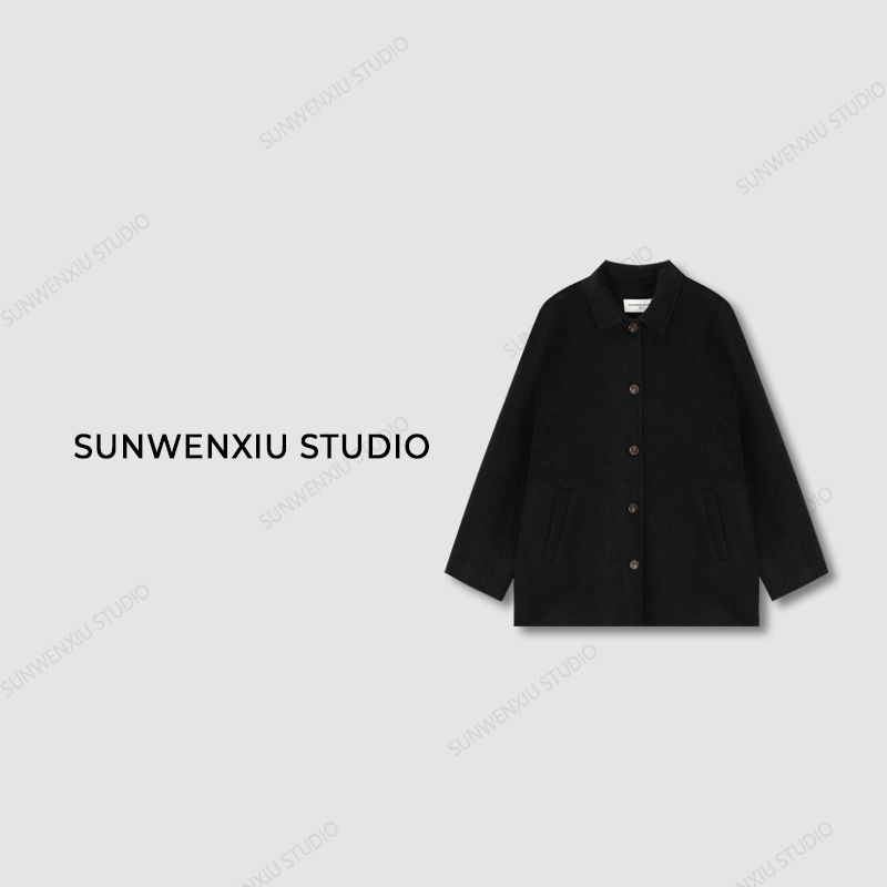 swx studio5店 “苏力系列”极简高品质黑色羊毛短款大衣外套1