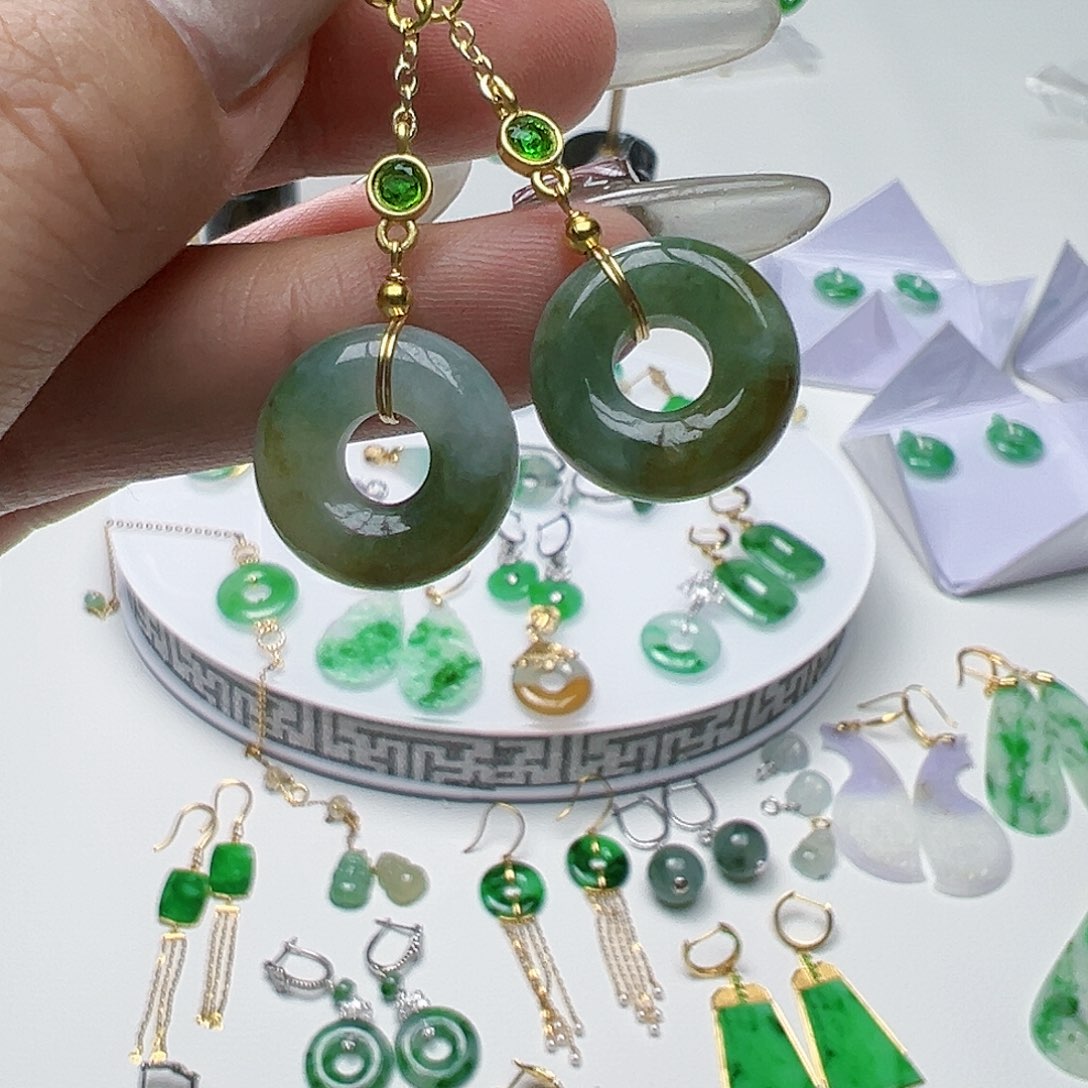 翡翠耳饰未镶嵌天然缅甸A货翡翠