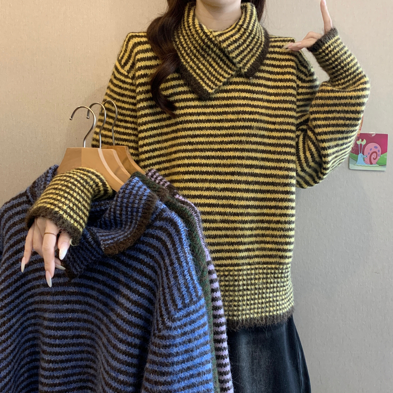 大码女装毛衣女冬软糯慵懒风翻领套头针织衫条纹加厚宽松长袖上衣
