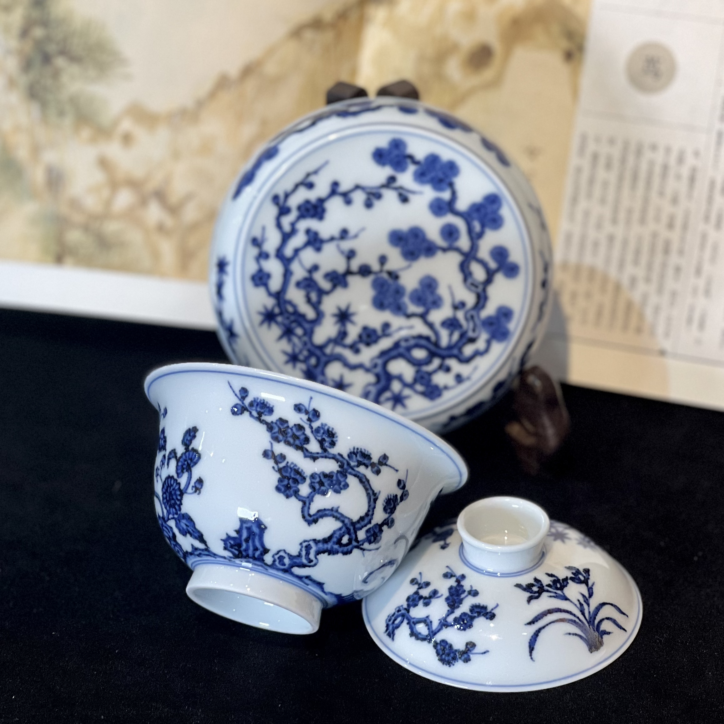 【松风馆藏】青花 仿明松竹梅盖碗 岁寒三友 松竹梅