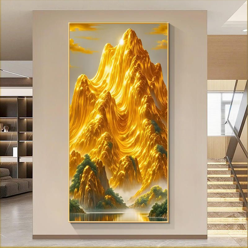 轻奢鎏金山水:玄关竖版挂画客厅背景墙装饰画现代轻奢装饰画挂画