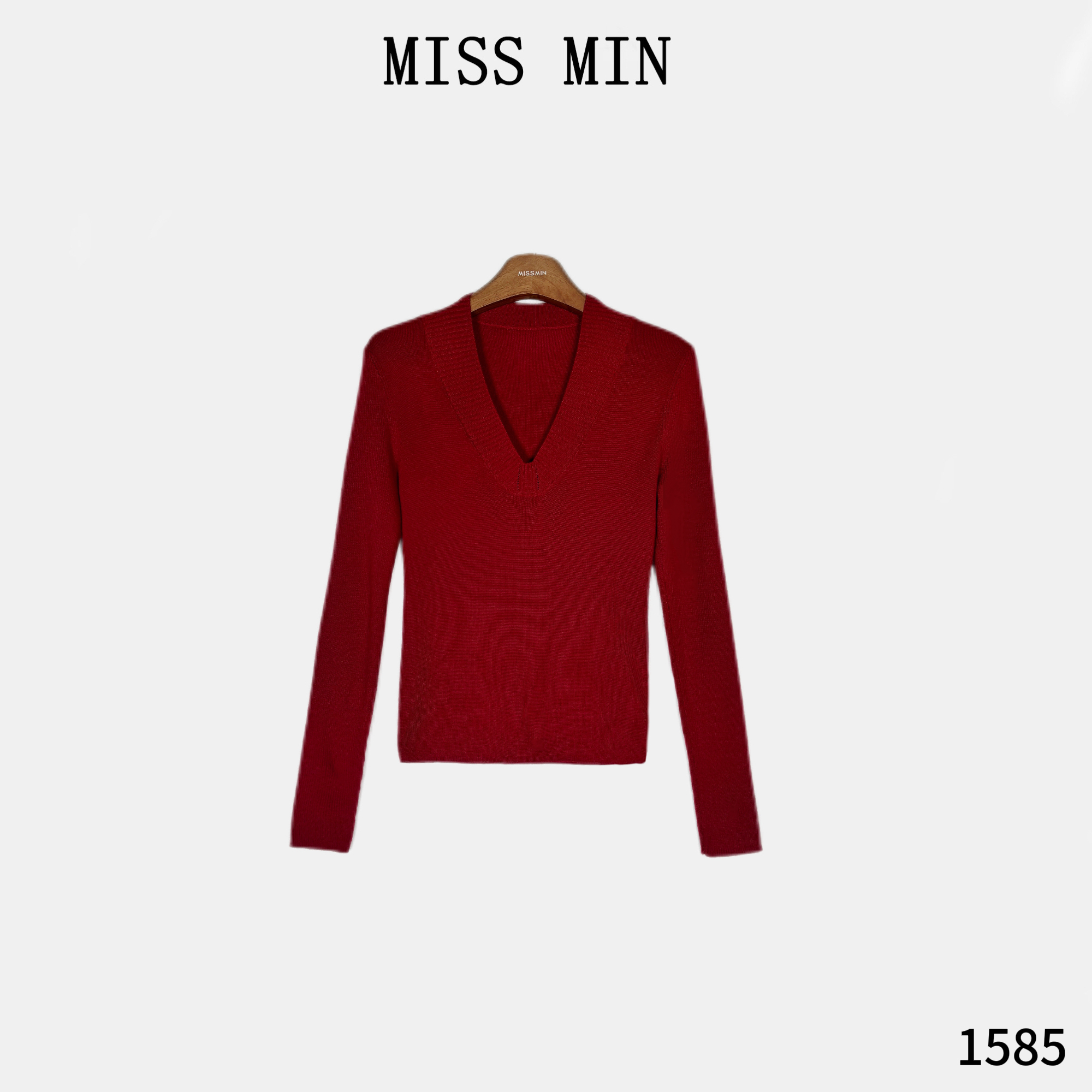 MISS MIN【女性柔美】丝光羊毛秋冬款窄V领气质女神长袖针织衫1585