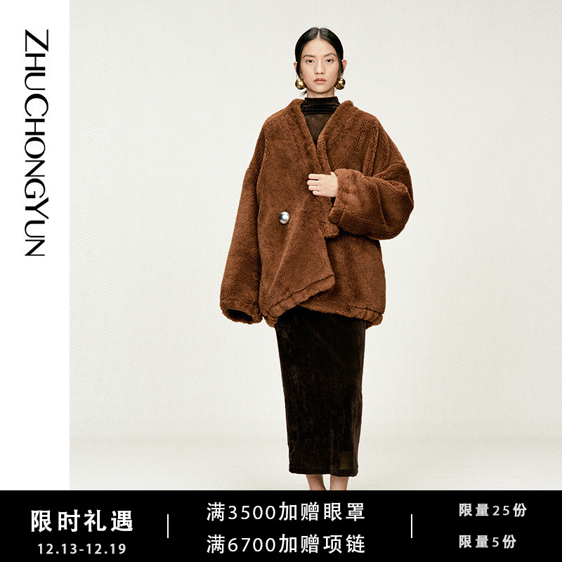 ZHUCHONGYUN2024冬新款宽松斜门襟外套小立领上衣