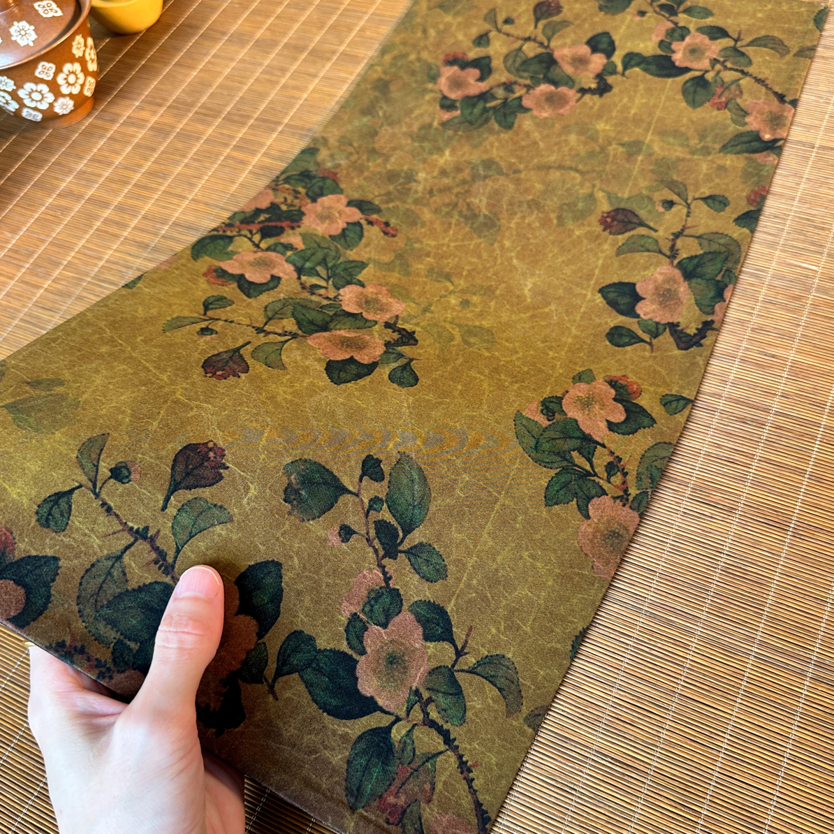【山茶花】65×33茶席高档复古双面老料香云纱茶席干泡古风新中式