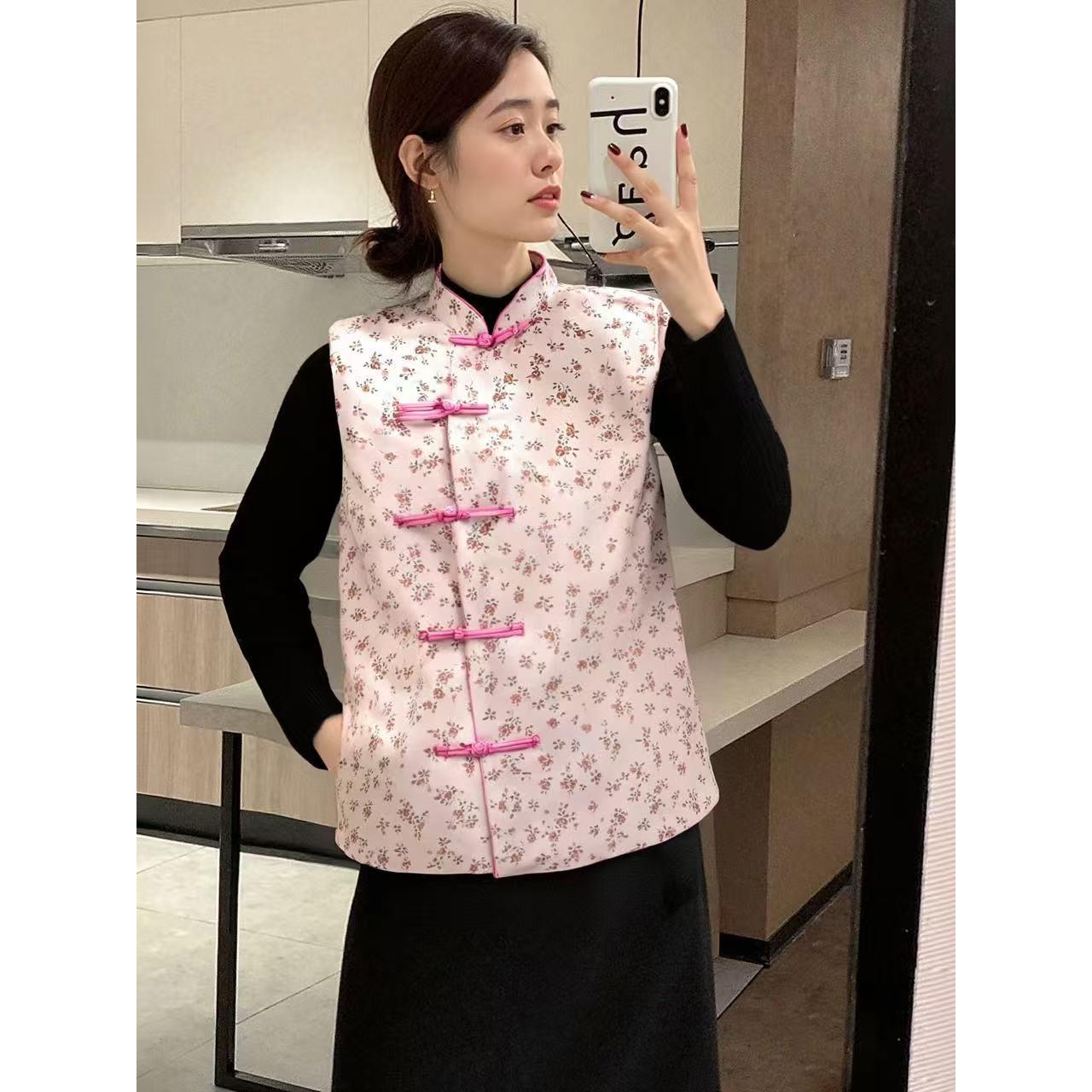 文艺复古民族风立领碎花夹棉盘扣背心马甲女冬大口袋减龄显瘦马甲