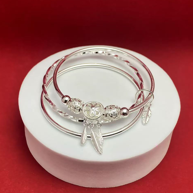 足银手镯 4号 足银999.9 三生三世捕梦网实心闭口镯子两世欢手镯