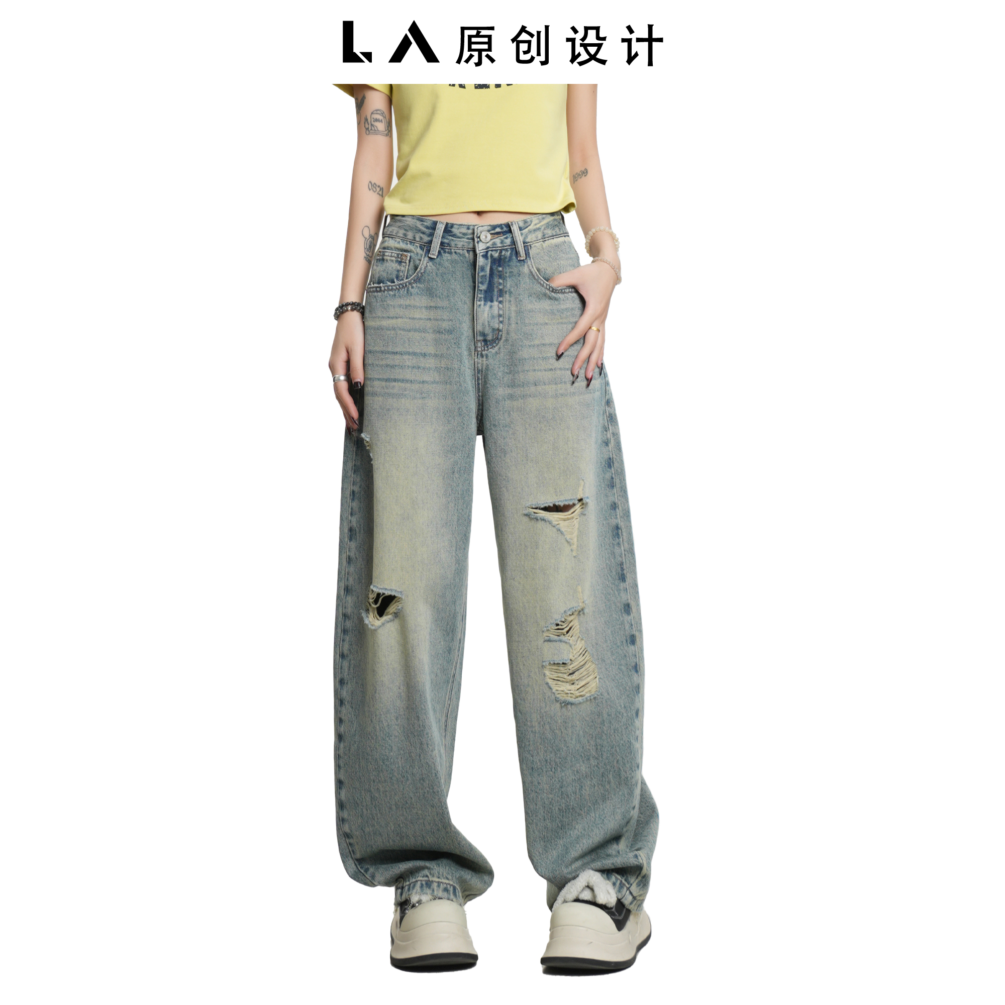 【断色断码】【有讲解回放，喜欢自己拍】【夏季款】【真破洞】【小弯刀裤】