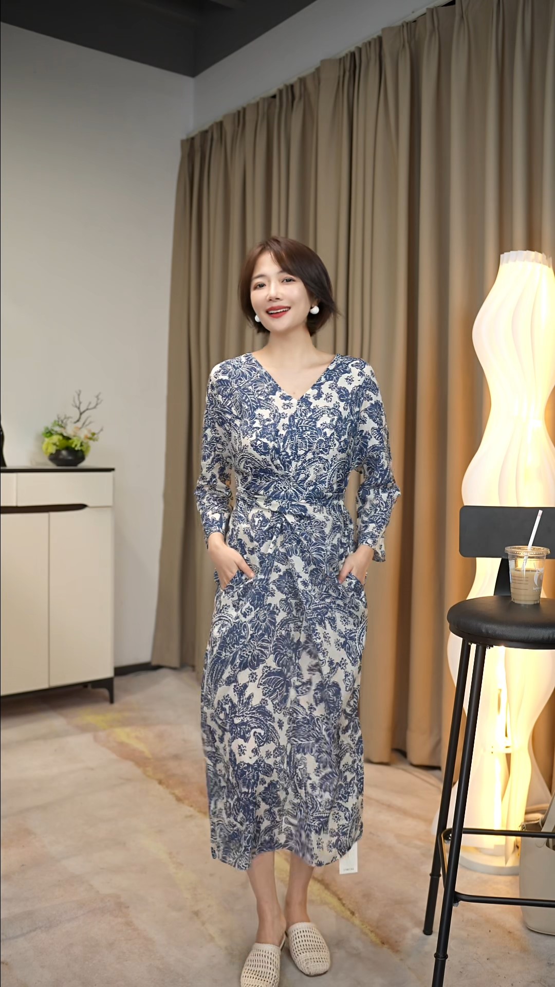 9221长袖V领显瘦时尚气质桑蚕丝印花连衣裙25新款