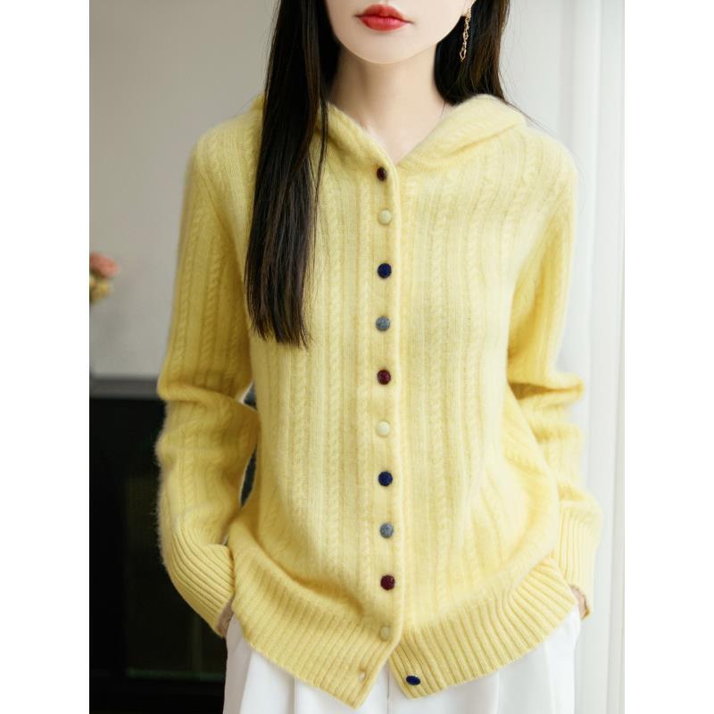 【厚到夸张】100%超细羊毛女士七针加厚绞花连帽开衫D252