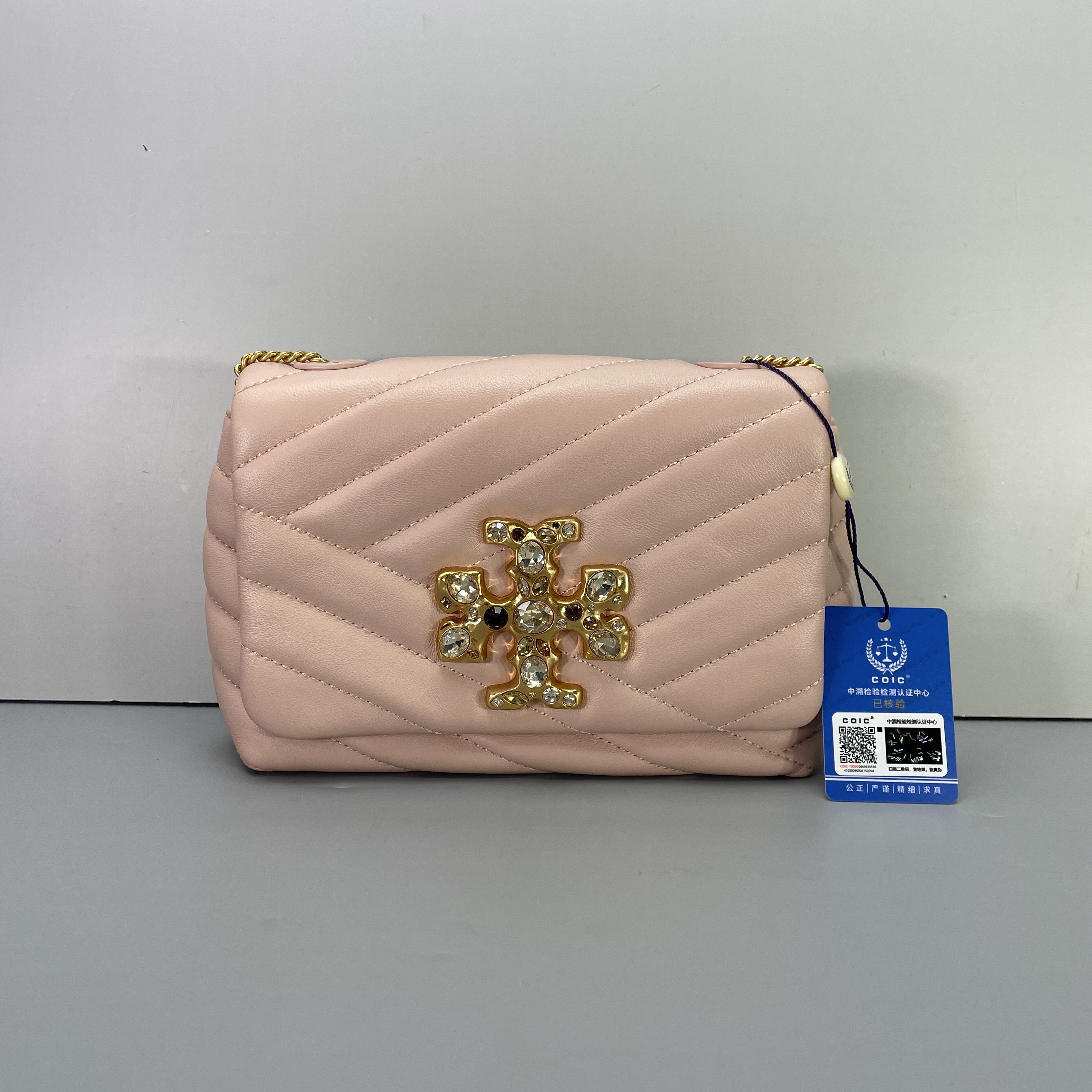95新 TORY BURCH/汤丽柏琦 kira粉钻链条包18*13*6cmM070106