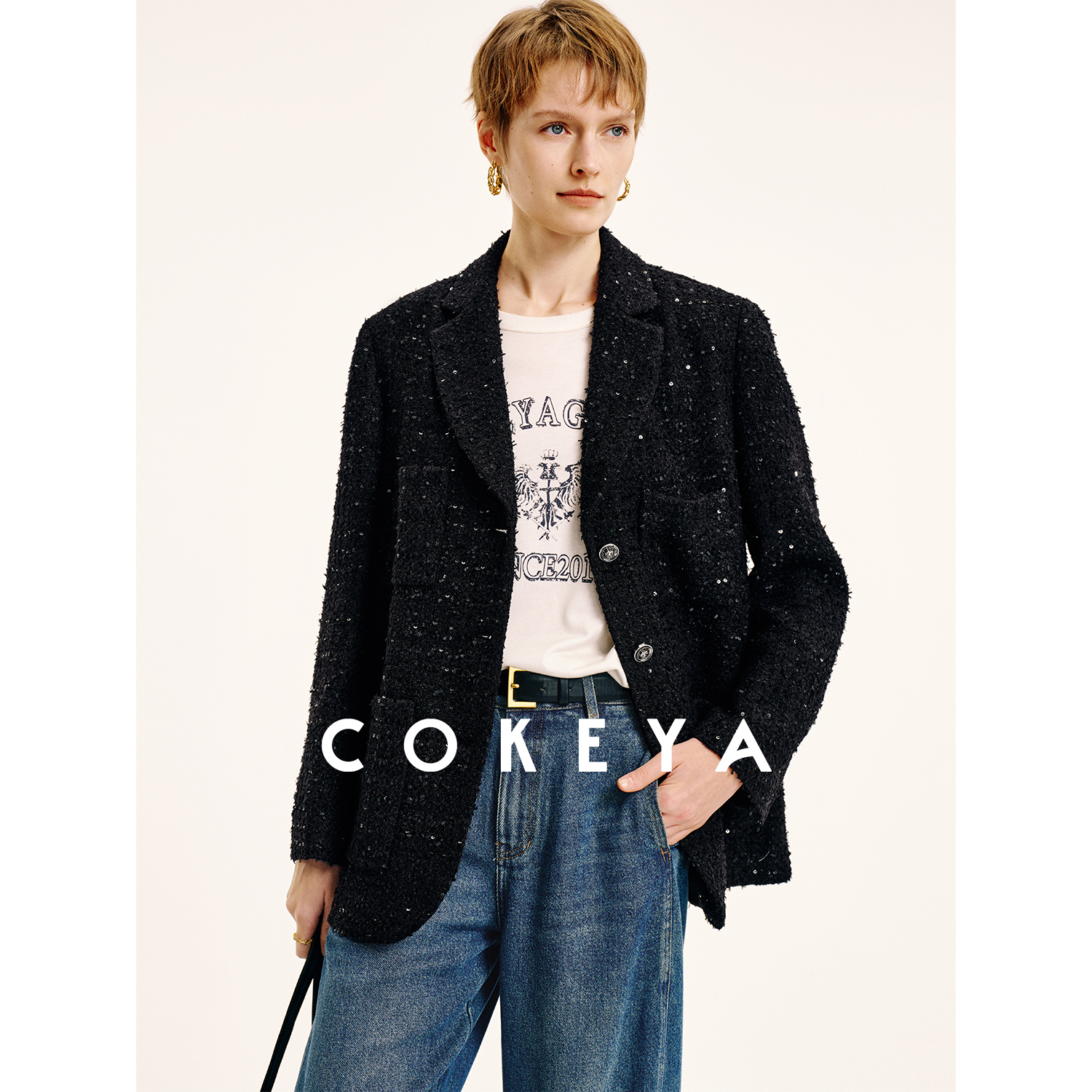 COKEYA/闪耀之星~特种亮片纱粗花呢秋冬小香风平驳领西装外套女