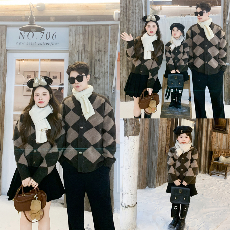 2025新款亲子装菱格开衫长袖加厚毛衣针织衫一家三口A9930冬季