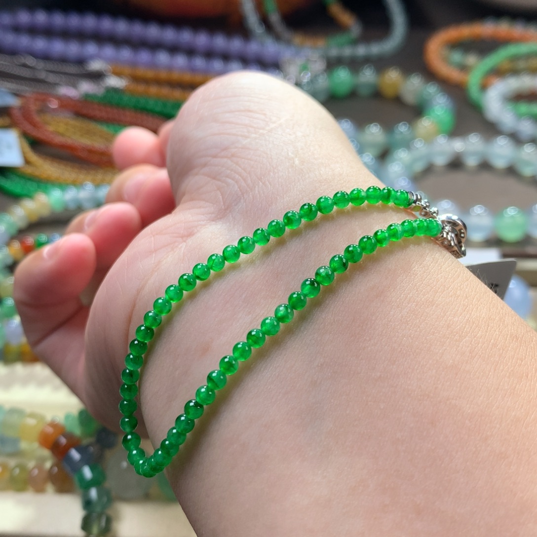 手链翡翠未镶嵌精品冰浓艳阳绿小米单圈卡2.8~3.1