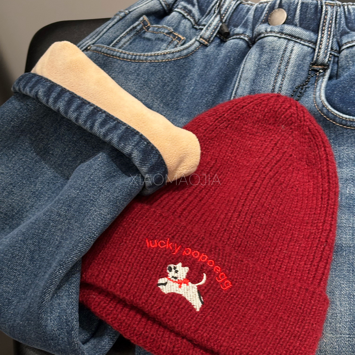 U-Ming带毛线帽子一体绒冬款哈伦牛仔裤儿童加绒