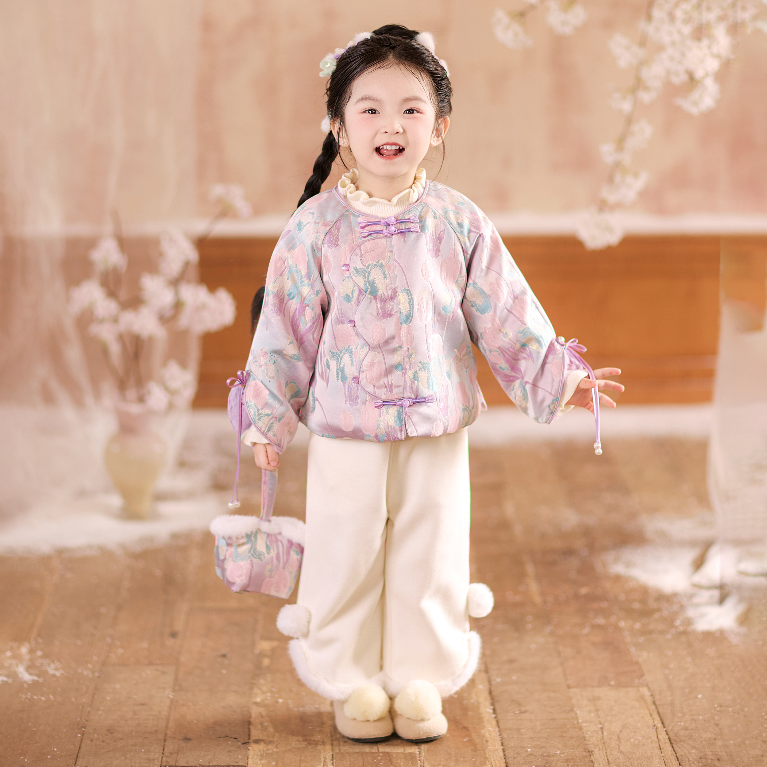 古月家汉服女童冬儿童新中式国风仙气两面穿加厚短款外套裤子套装