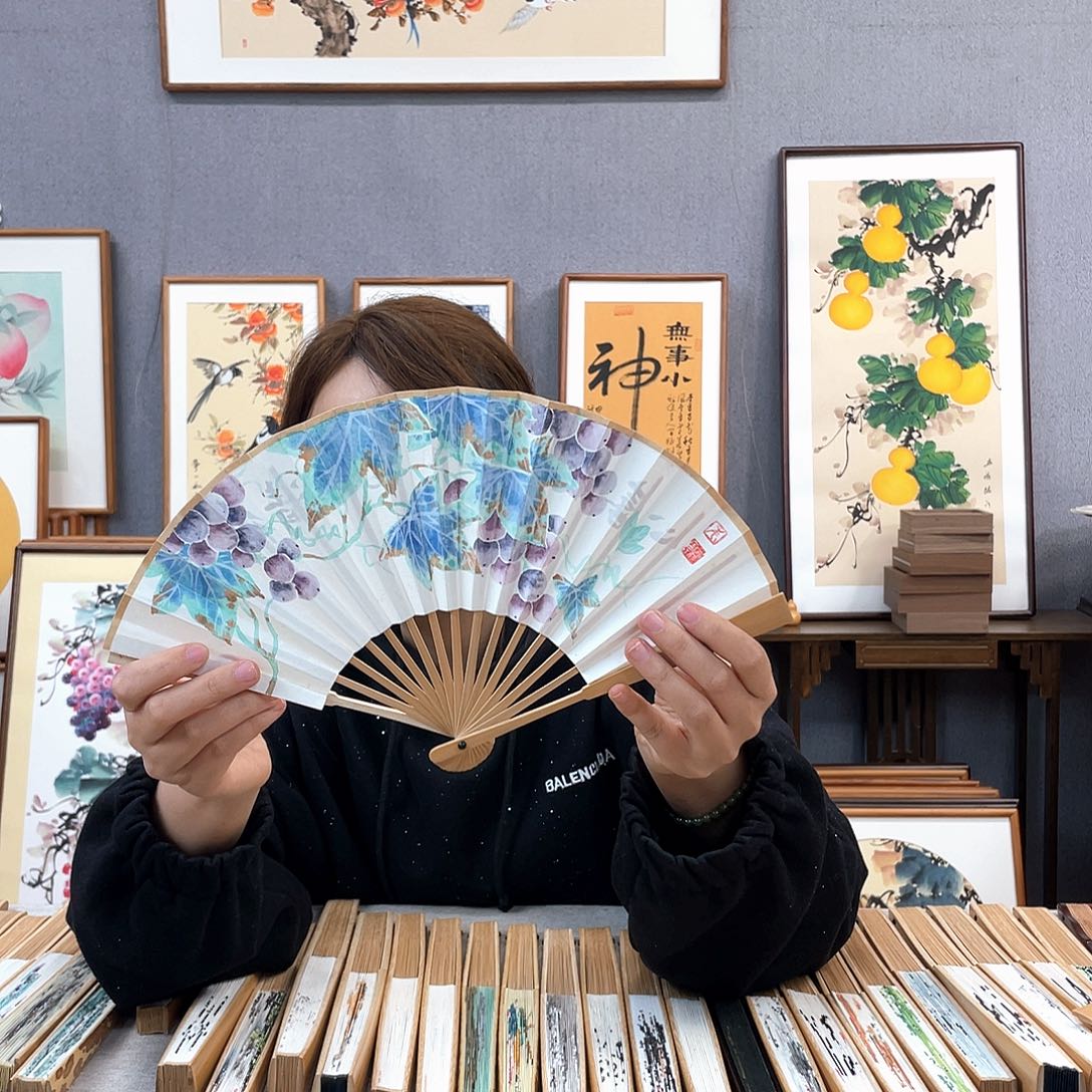 国画6寸玉竹-纯手绘-文玩扇骨（默认粘好）