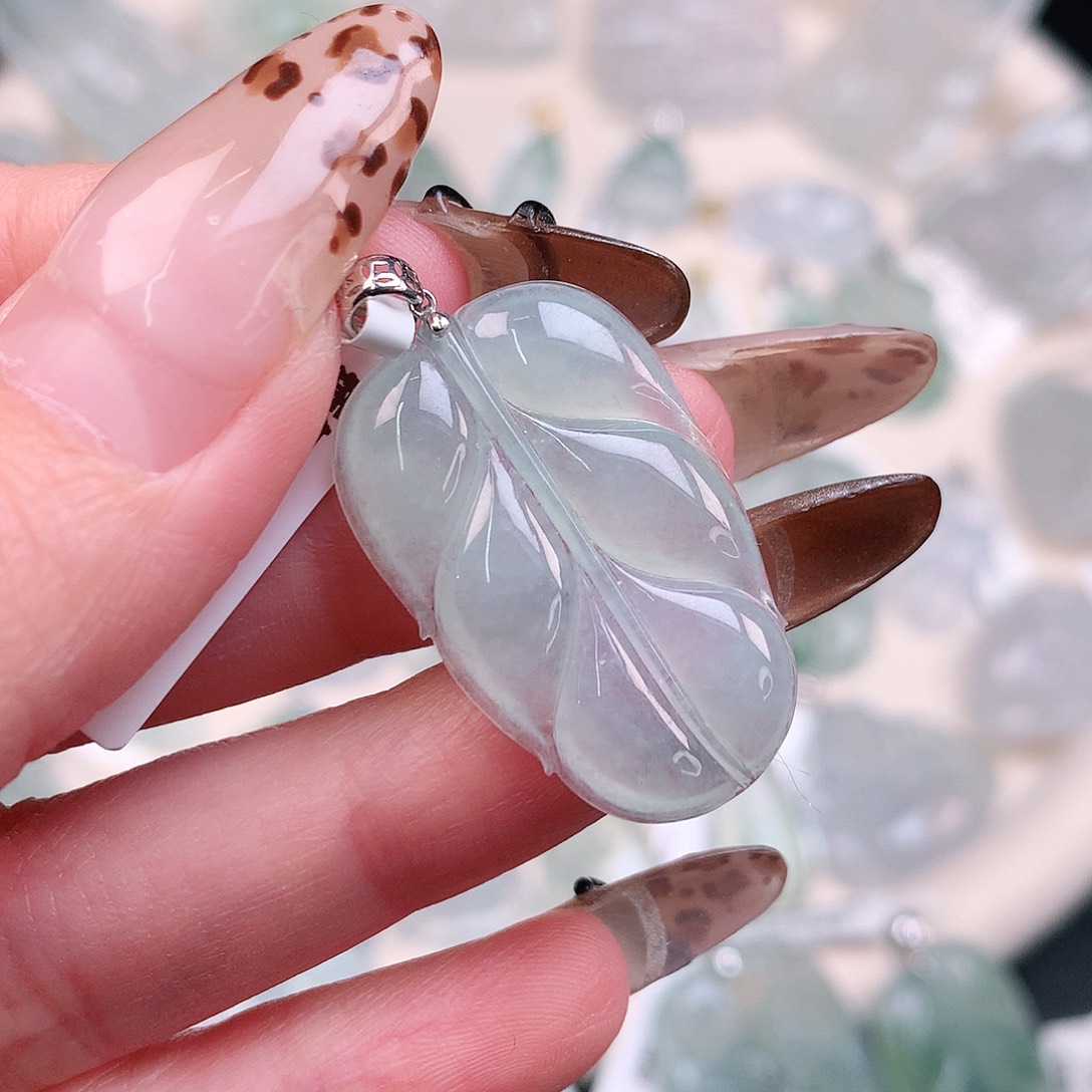 翡翠颈饰18K金镶嵌冰晴叶29.5、18.8、3.5