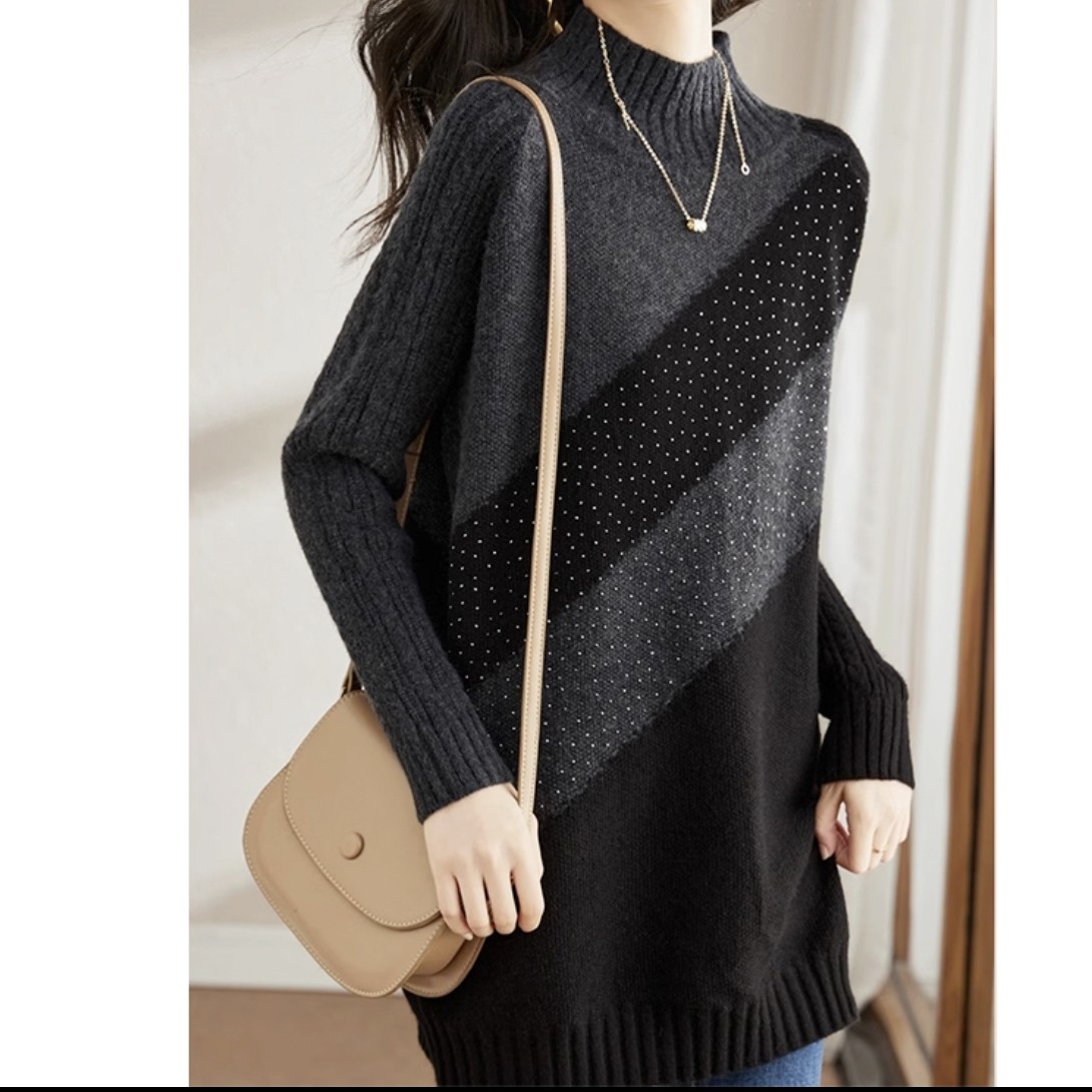 12790（饮）加厚中长款冬季打底衫秋冬毛针织衫套头拼接厚款