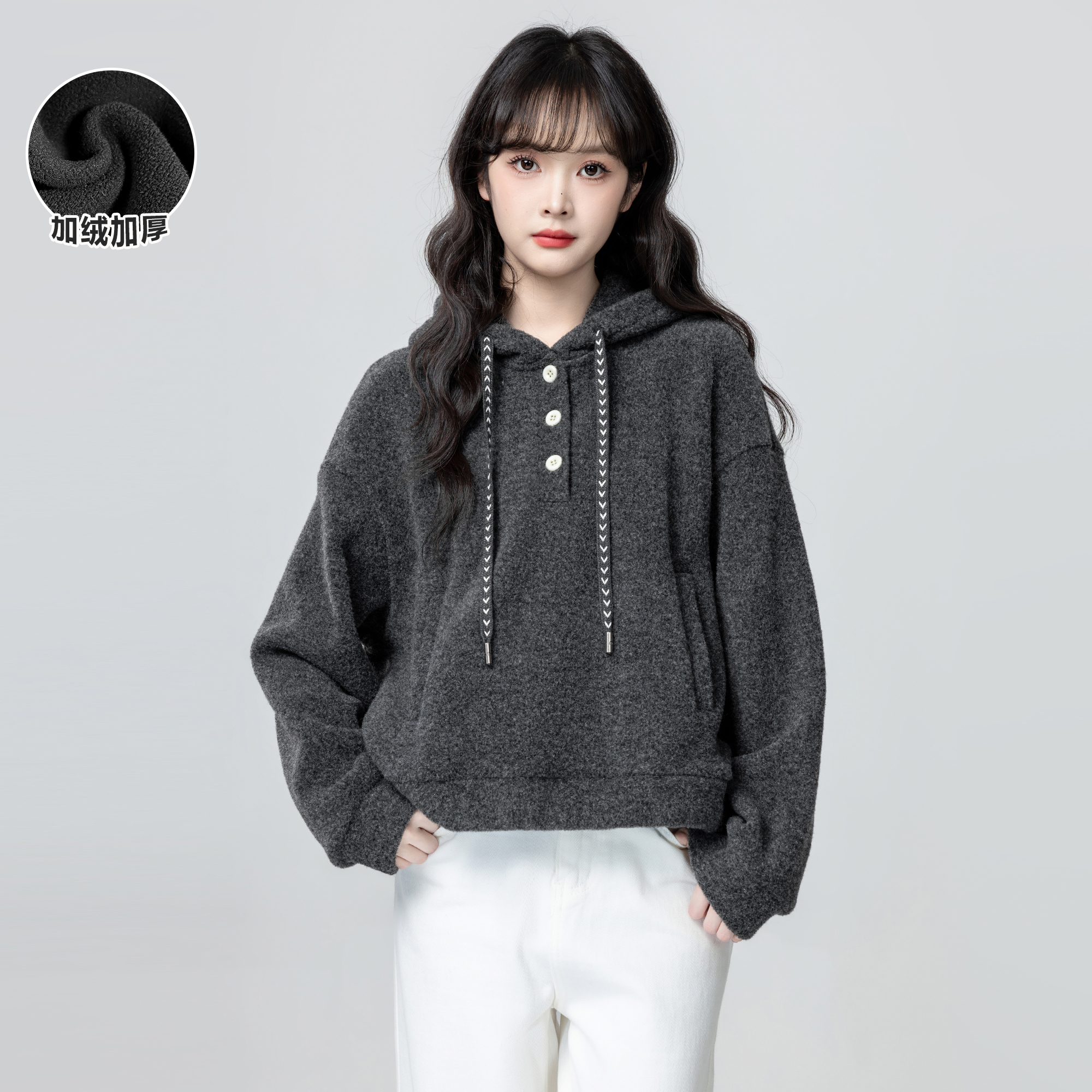 烟灰色连帽卫衣女秋冬2025冬季新款加绒加厚宽松套头帽衫短款上衣