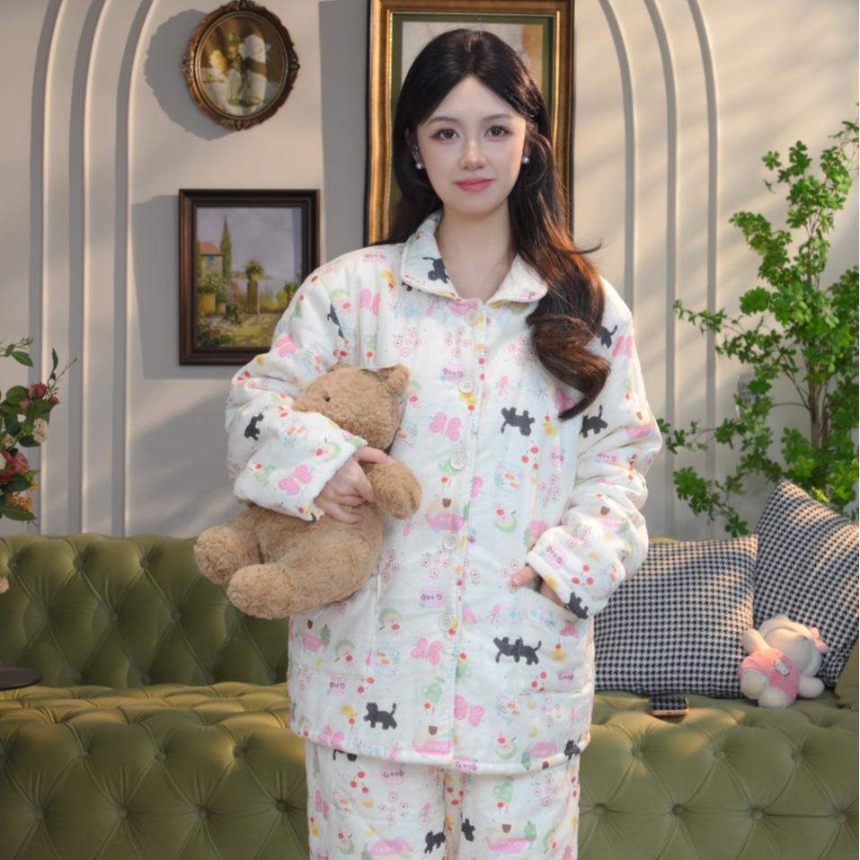 冬季大码三层加厚棉袄睡衣女套装胖mm200斤宽松孕妈妈保暖家居服