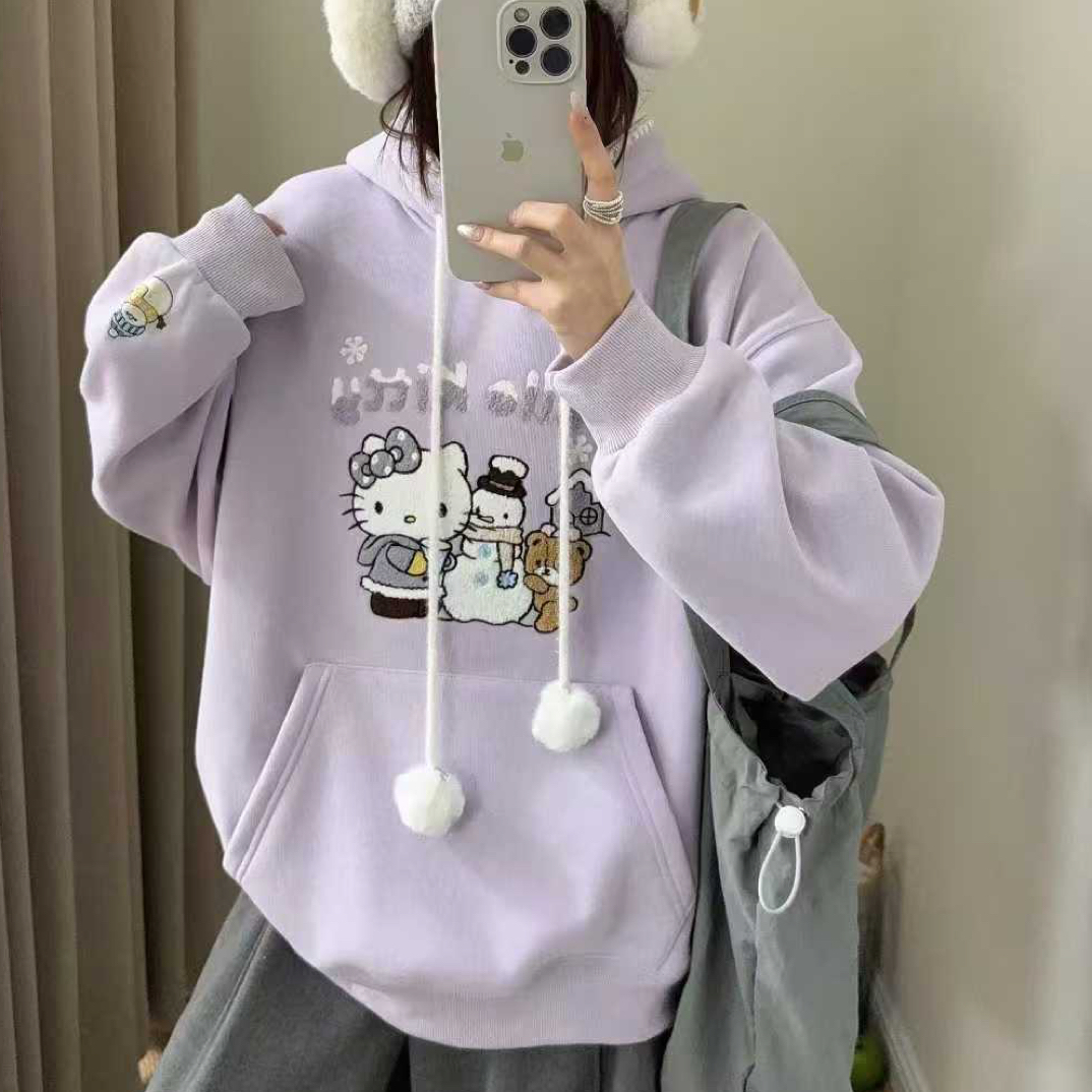 雪人kitty重工刺绣加绒加厚连帽卫衣长袖韩版宽松百搭显瘦女卫衣
