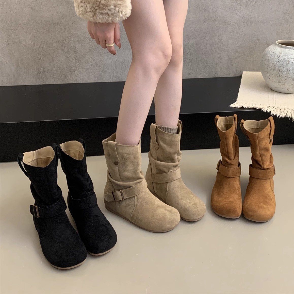 复古内短靴女2025秋冬新款丑萌堆堆厚底马丁靴勃肯西部牛仔靴