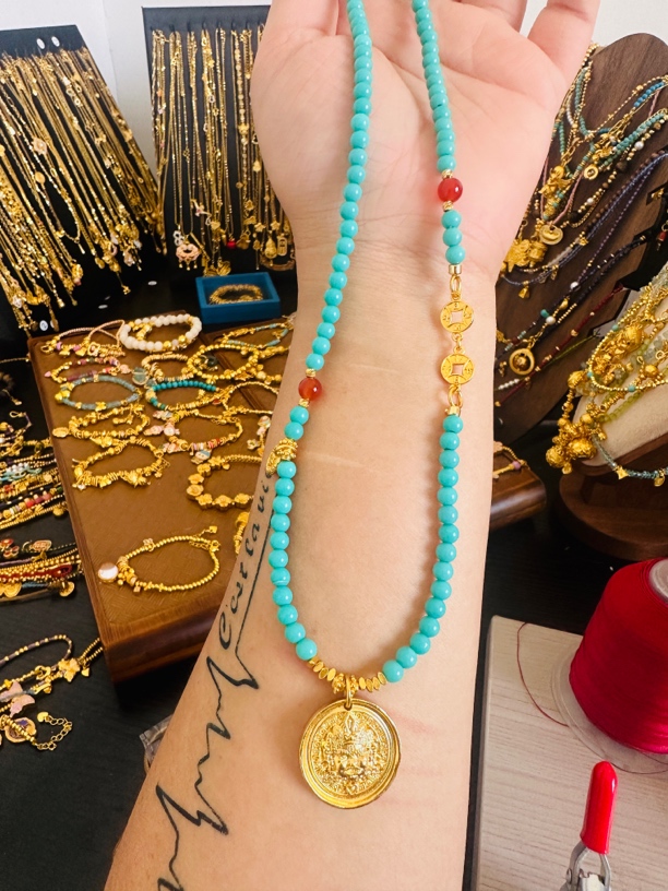 铜合金珐琅项链 黄财可调节项链女串珠项链黄财神吊坠