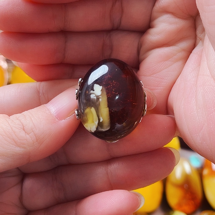 琥珀戒指银S925镶嵌绿*戒指