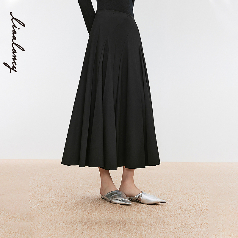 【专柜同款】新款重工压褶高腰长款时尚通勤半身裙气质显瘦半裙女