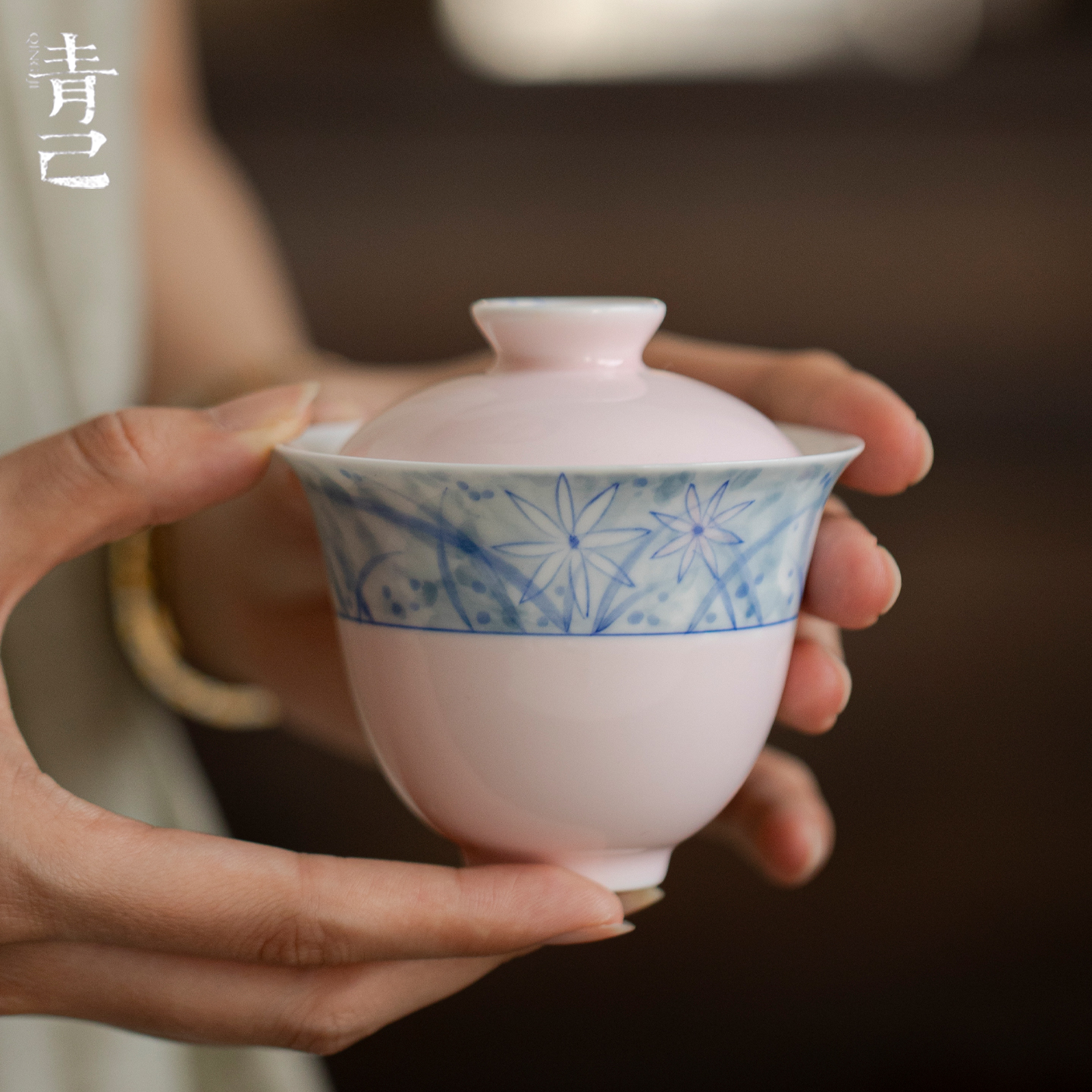 青己玉泥白瓷粉樱花手绘陶瓷盖碗功夫茶具家用泡茶碗薄胎防烫盖碗