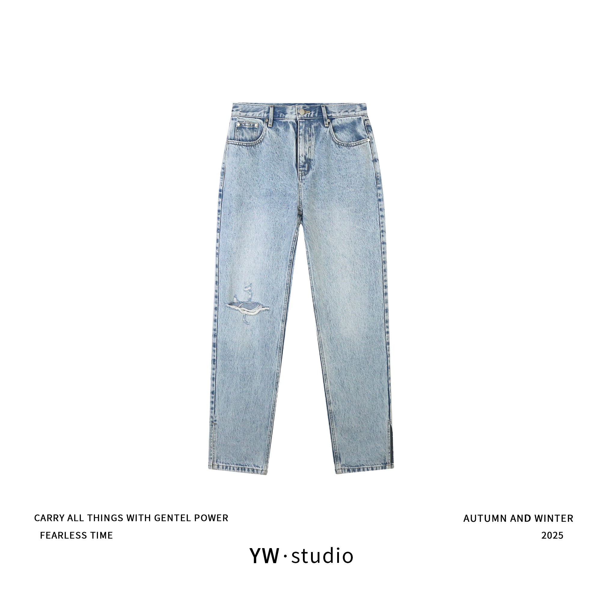 YUWEI/定制 高智感低腰美式膝盖破洞浅色侧开叉牛仔长裤 1191