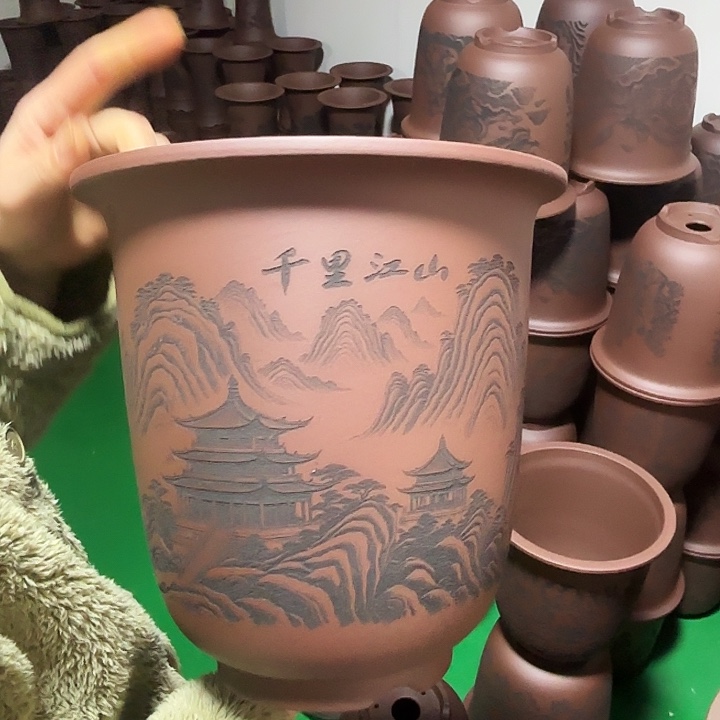 花盆紫砂刻绘千里江山