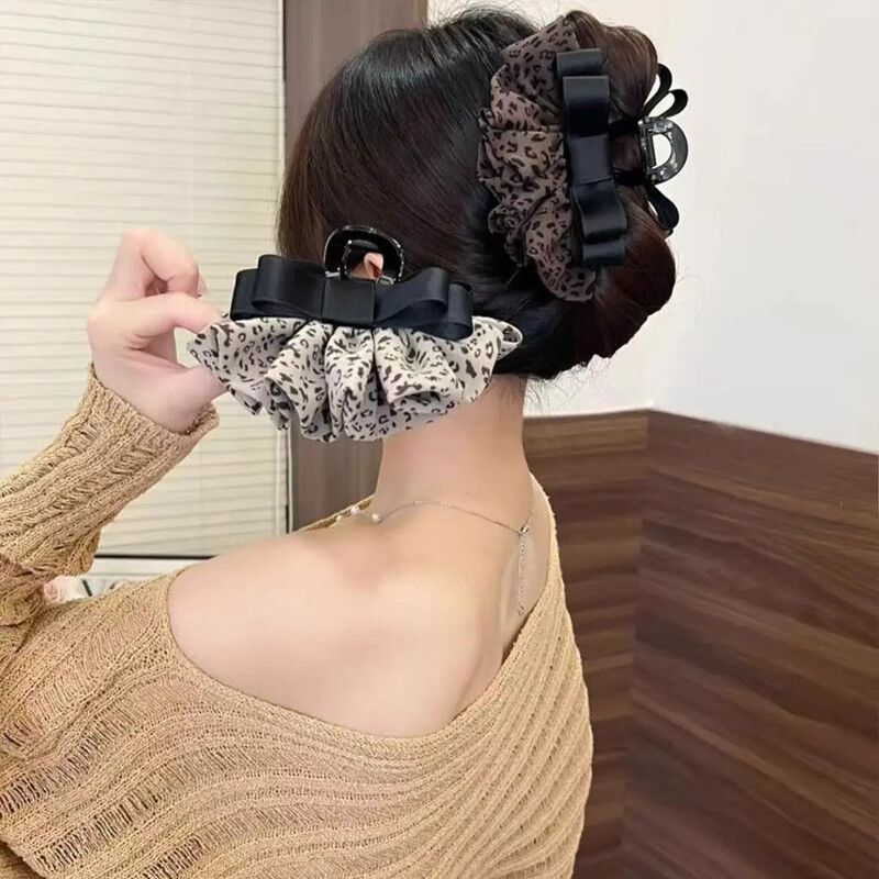 韩系豹纹蝴蝶结褶皱裙摆抓夹女高级感后脑勺马尾发饰头饰