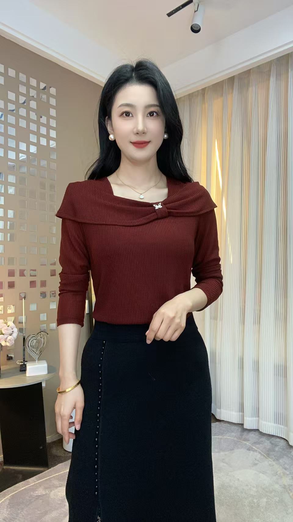 2025新款U型领纯色蝴蝶结休闲简约百搭气质时尚减龄显瘦长袖小衫