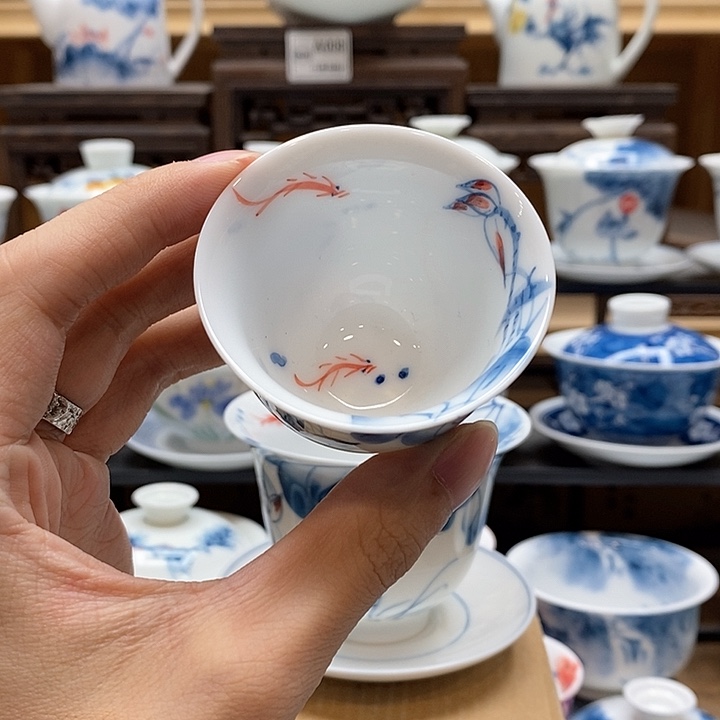 手绘内外绘荷花小主人杯60cc釉下彩微瑕福利款