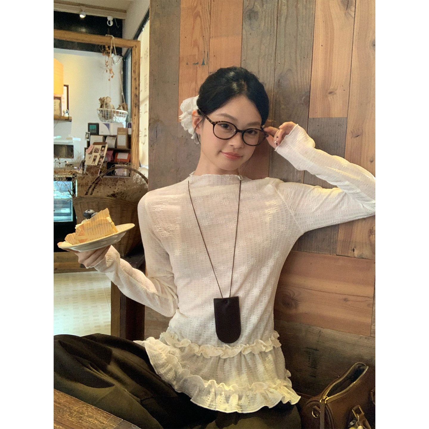 宋正恩1/4 10:00AM上新【韩系荷叶边收腰长袖T恤上衣】AA27859