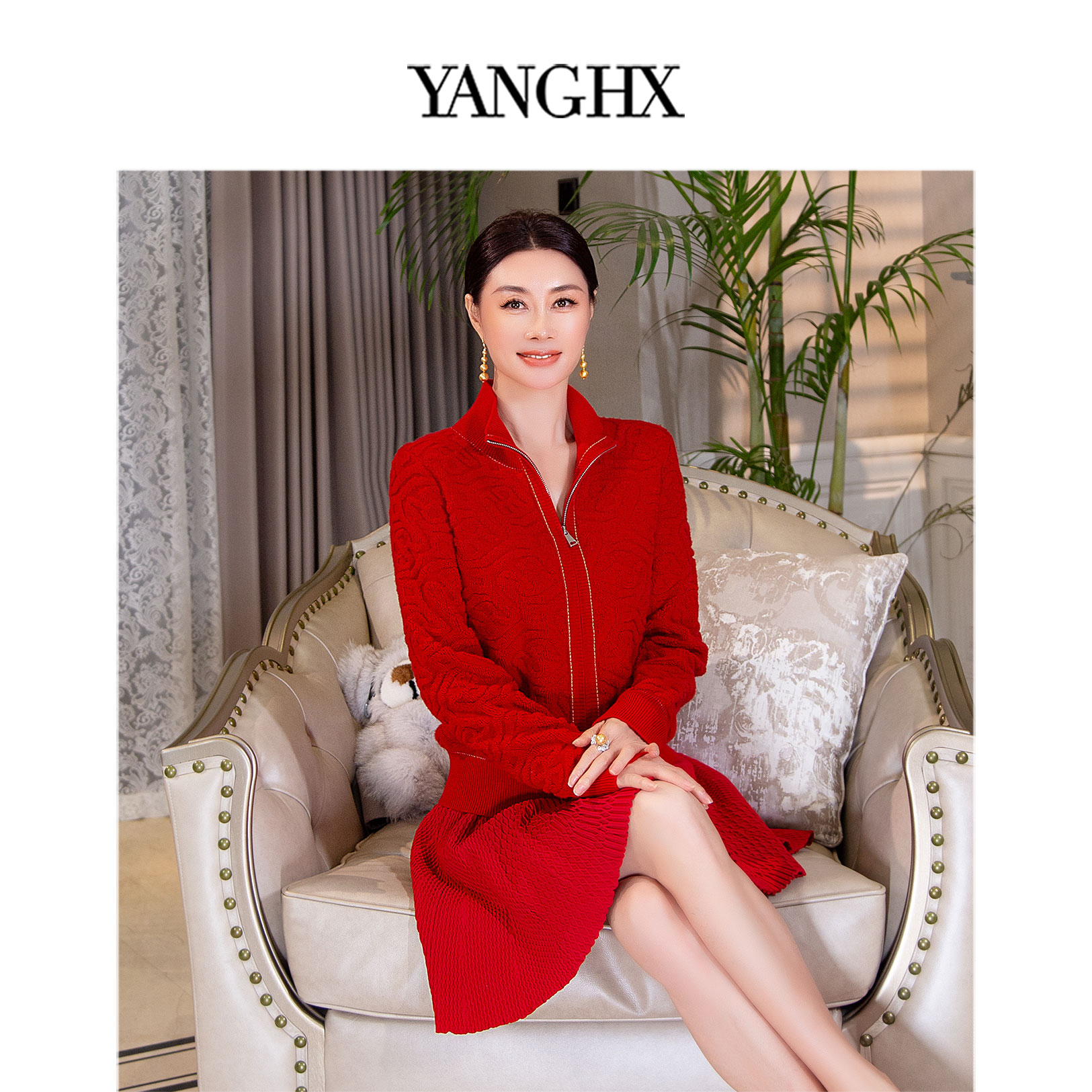 EDFNOT/杨红霞汝意「绯色暖织」红色提花针织外套TSYR25AW-YHX004