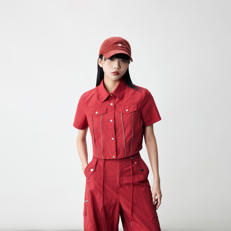 短袖显瘦牛仔时尚休闲夏季复古红色X50578A