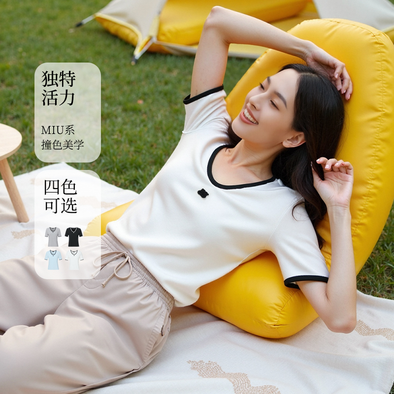 firststation时尚圆领坑条肌理双色撞色修身T恤衫女25春新款5301A