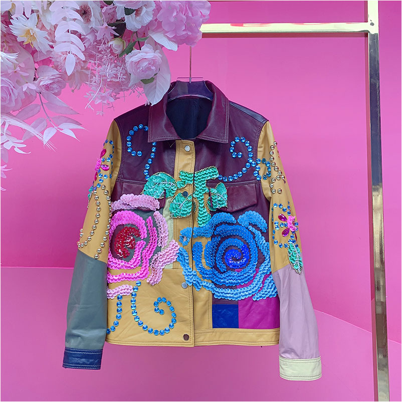 A5085欧美设计师2025冬季新款重工钉钻刺绣亮片花朵拼色羊皮外套