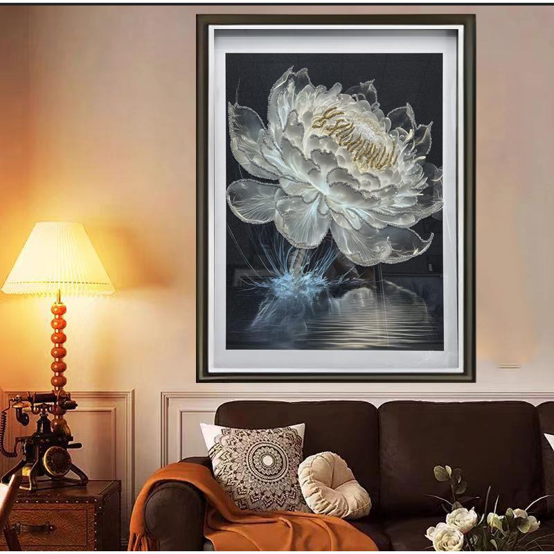 [喜宅家艺]Q228钢化玻璃睡莲简约轻奢花开富贵玄关沙发挂画装饰画