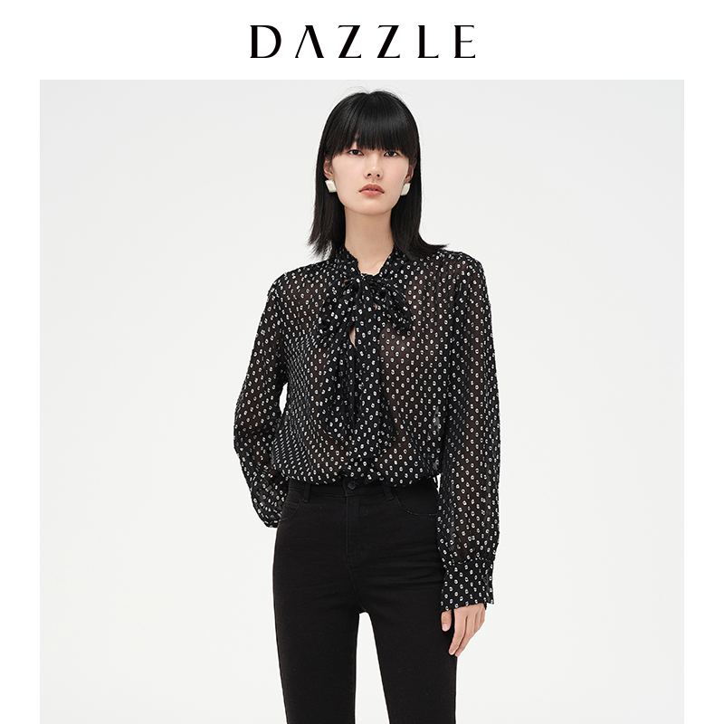 DAZZLE地素波点飘带长袖衬衫女2D4C417