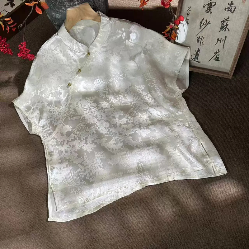 夏季新款短袖新中式国风修身显瘦上衣斜襟立领盘扣小衫