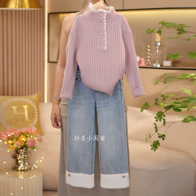 【车厘少女】女童秋冬季2025新款时尚花边毛衣+加绒牛仔裤套装-8969