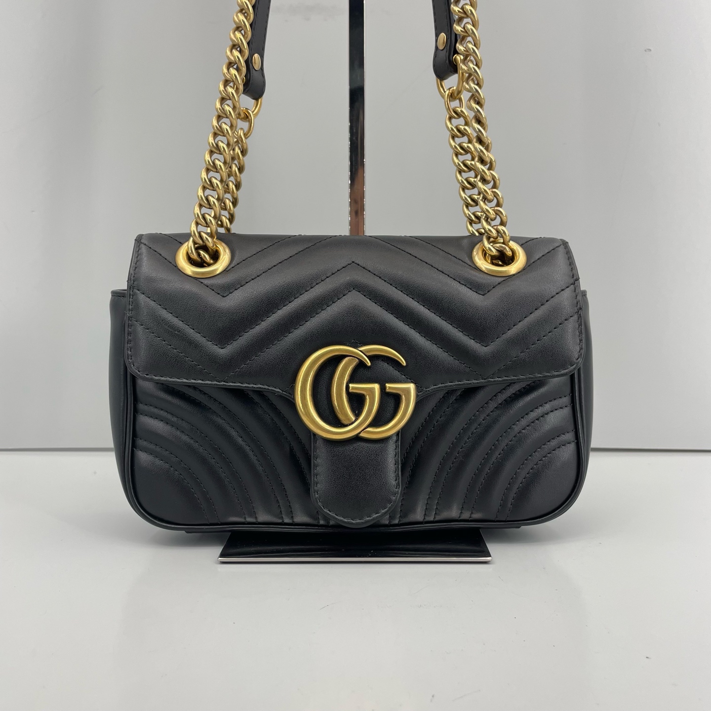 95新 GUCCI/古驰 优选/马蒙22黑色链条包黑标030/22x13x6/Z120521