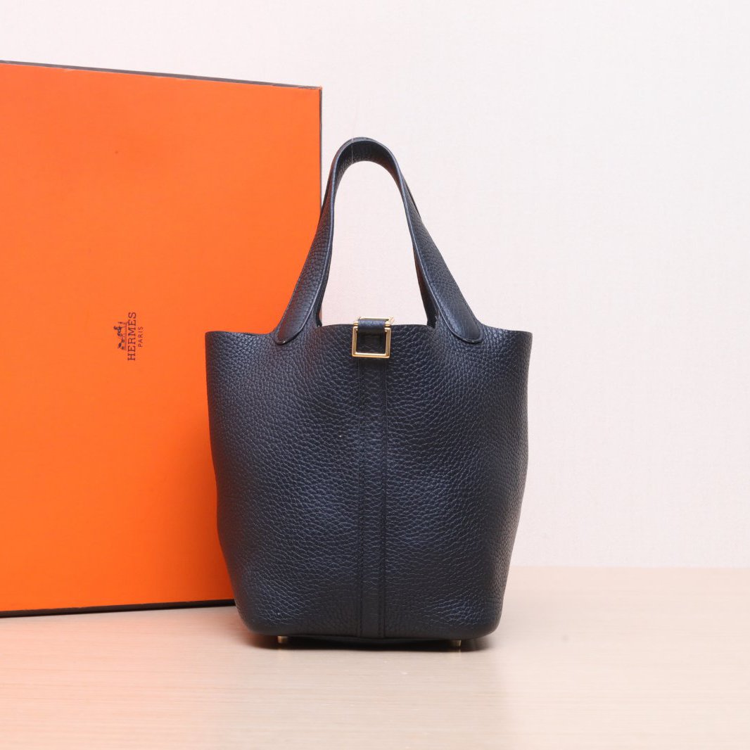 95新 Hermes/爱马仕 小花攀攀菜篮子 18 黑色 TC皮 Y刻 金扣