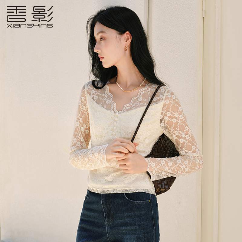 【直播专享】S85A406雪纺衫 香影假两件v领蕾丝衬衫女秋季新款钩