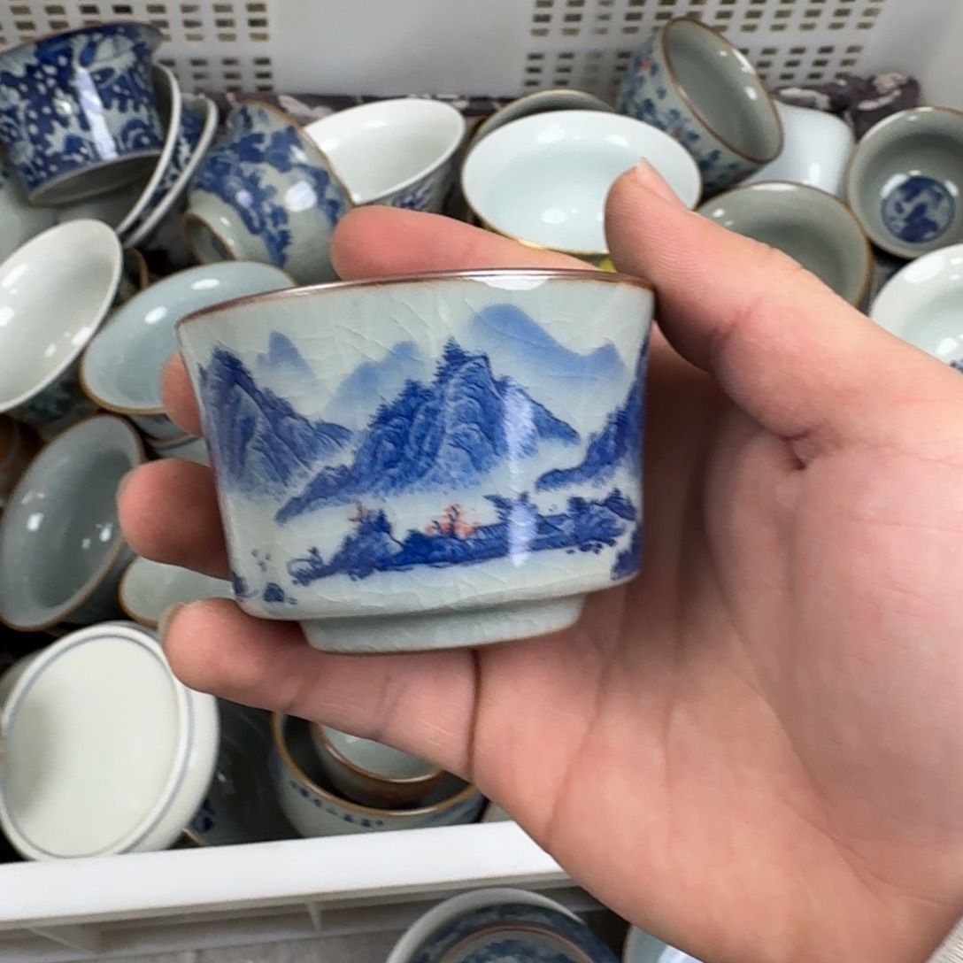 线条山水客杯老陶泥